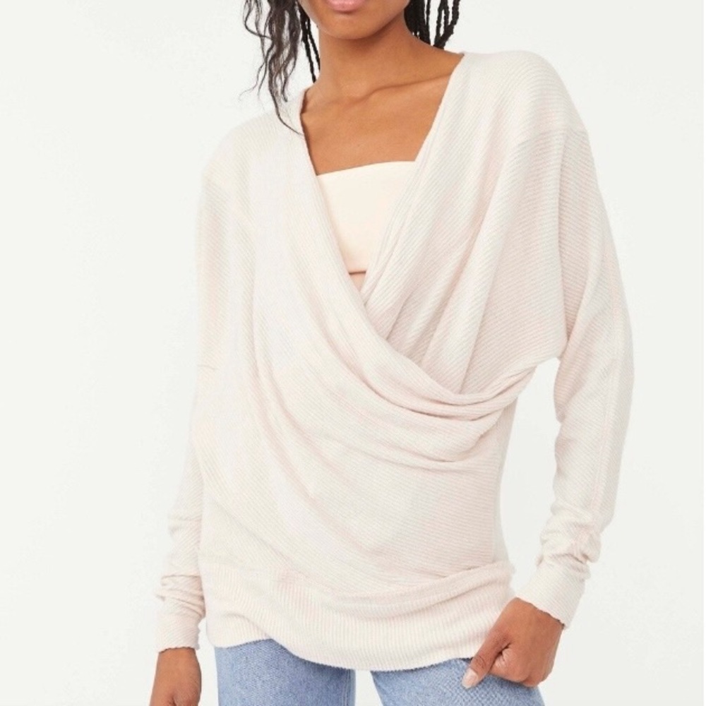 Free People Cozy With You Surplice Pullover Sweater XS lightweight pastel ribbed